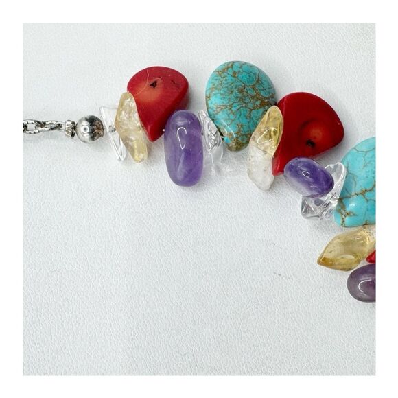 Turquoise Coral Amethyst Stone Collar Necklace Sterling Silver Southwest Boho - Picture 6 of 13